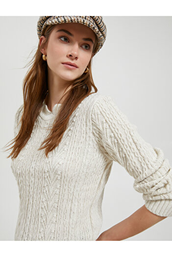 Koton Knitted Motif Sweater Long Sleeve Cashmere Textured
