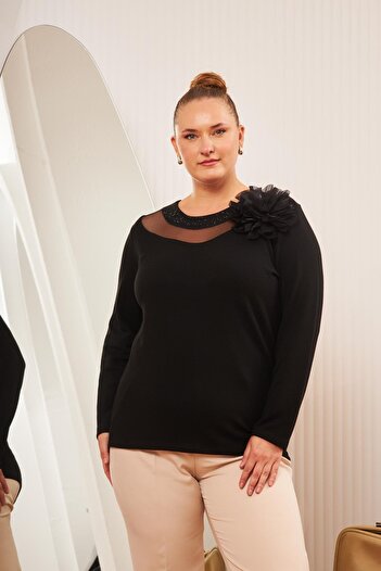 RMG Plus Size Collar Detail Blouse Black