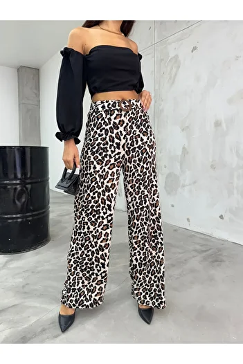 BİKELİFE Women's High Waist Leopard Print Belt Detailed Palazzo Trousers