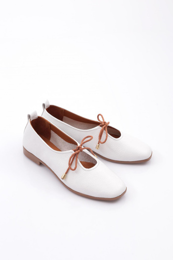 DGN Women's Bow Detailed Ballerina Ballerina Genuine Leather White Floater 6129371010