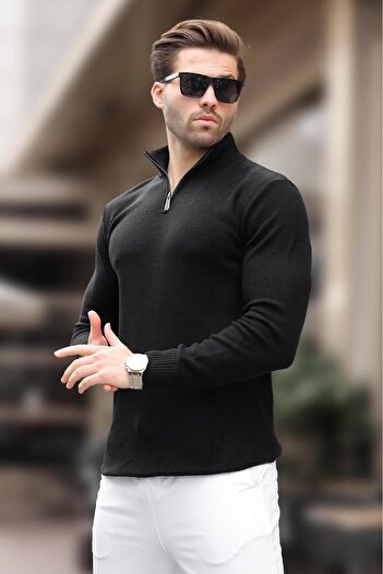 Madmext Black Zipper Collar Long Sleeve Knitted Sweater 7286