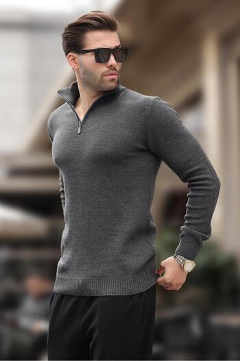 Madmext Anthracite Zipper Collar Long Sleeve Knitted Sweater 7286