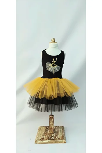 LULLY KİDS Girl's Black Silver/Gold Ballerina Printed Tulle and Stone Detailed Tutu Dress