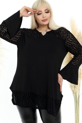 Kheos Long Sleeve Blouse with Flock Print on Tulle and Chain and Flounce on the Collar