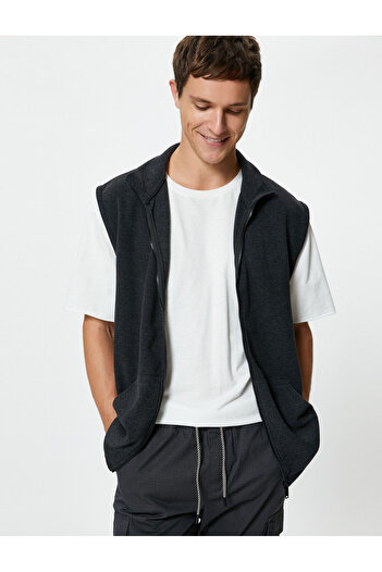 Koton Vest Kangaroo Pocket Zippered Stand Collar Sleeveless