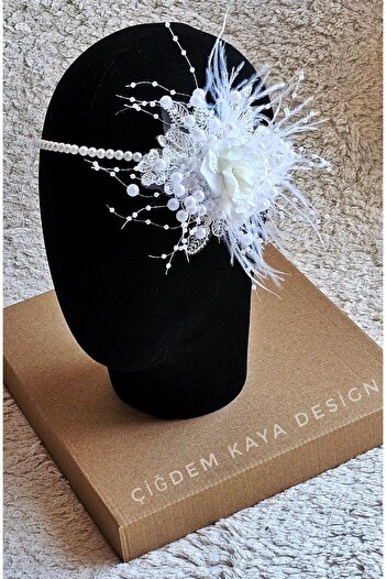 çiğdem kaya design Wedding Crown with Feathered Pearls, Wedding Bridal Hair Accessory, Outside Shooting Bridal Crown