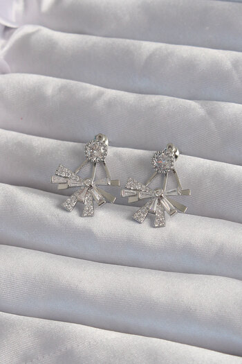 SeyCey.co Brass Silver Color Zircon Stone Flat Bow Model Earrings