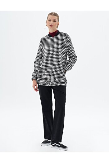 Kayra Black Zippered Houndstooth Patterned Jacket