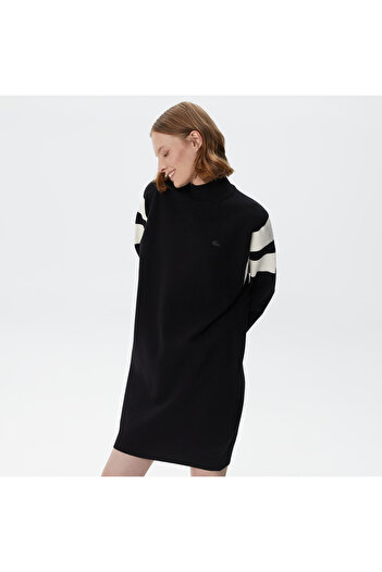Lacoste Kadın Loose Fit Uzun Kollu Bisiklet Yaka Siyah Elbise
