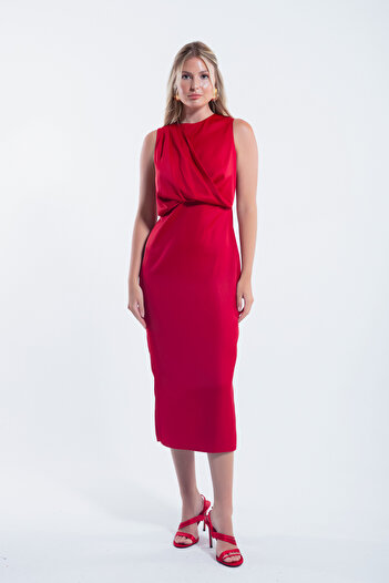 Lafaba Red Satin Midi Dress - Crew Neck
