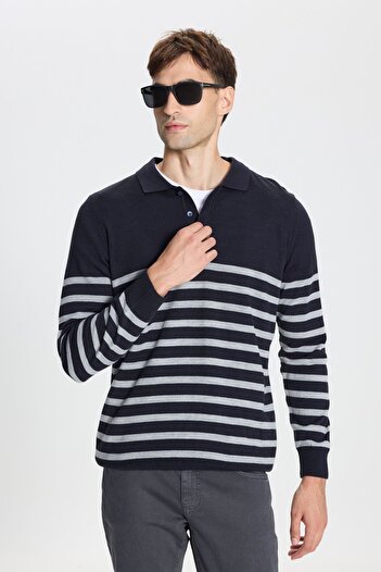 ALTINYILDIZ CLASSICS Navy Blue-Grey Polo Collar Striped Men's Knitwear Sweater - Standard Fit