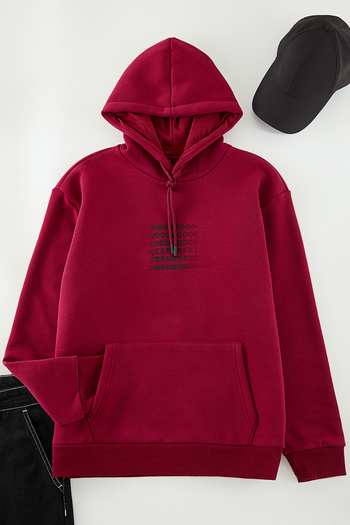 Trendyol Collection Labyrinth Printed Red Oversize φούτερ με κουκούλα φλις βαμβακερό - Tmnaw24sw00201