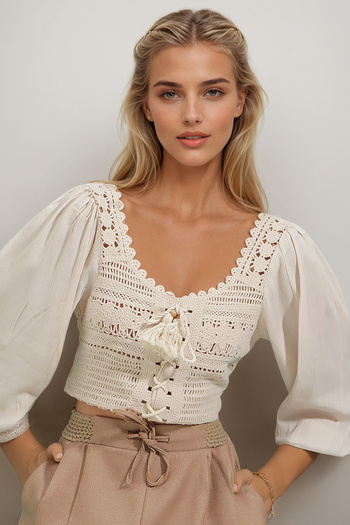 Trend Alaçatı Stili Dámská ecru oválný límec šněrovací plátěná háčkovaná halenka ALC-X9196