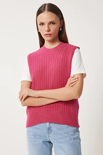Happiness İstanbul Women's Dark Pink Crew Neck Ribbed Knitwear Sweater Nv00073