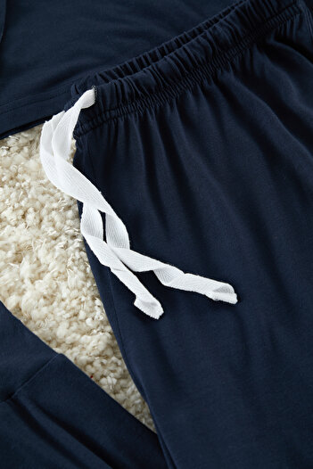 Trendyol Curve Premium Bamboo Knitted - Navy Blue Crew Neck Pajamas Set Tbbaw25Ai00054