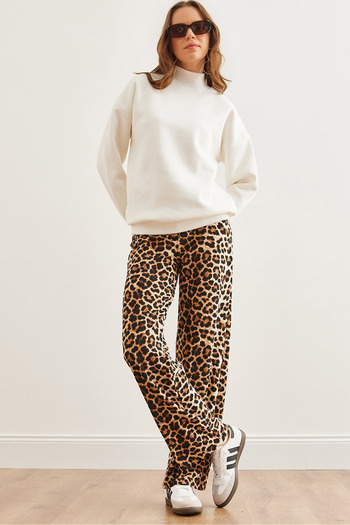 Olalook Women's Leopard Brown Animal Print Wide Leg Trousers Pnt- 19000295