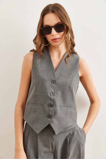 Olalook Women's Smoked Fleto Pocket Buttoned Lined Premium Vest Ylk- 19000032