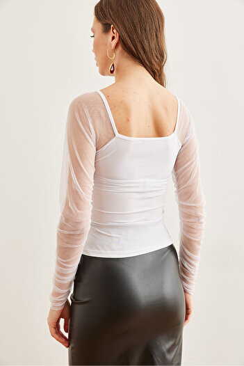 Olalook Women's White U-Neck Sleeve Tulle Crop Knitted Blouse Blz- 19002761
