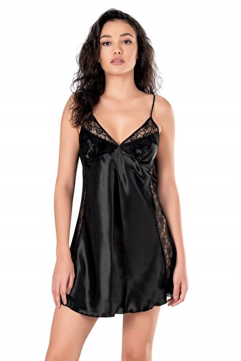 PRIMODA Cămașă de noapte scurtă din satin neagră - 8128