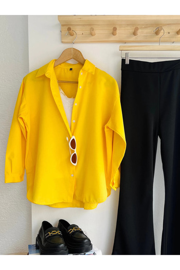 exxitcollection Kadın ABS Boyfriend Uzun Basic Sarı Tesettür Gömlek