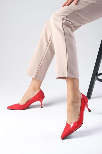 Mio Gusto Wendy Red Color Suede and Patent Leather Women's Heeled Shoes