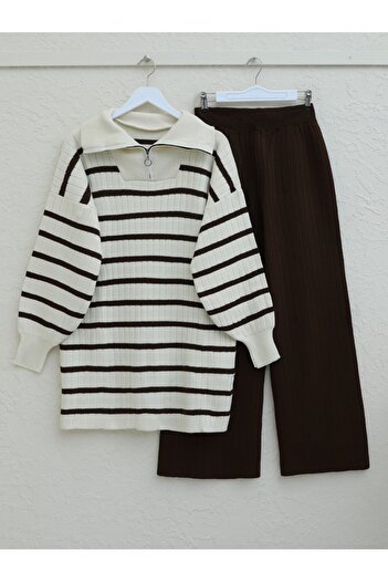 Modamorfo Striped Knitwear Set with Zipper Collar - Brown