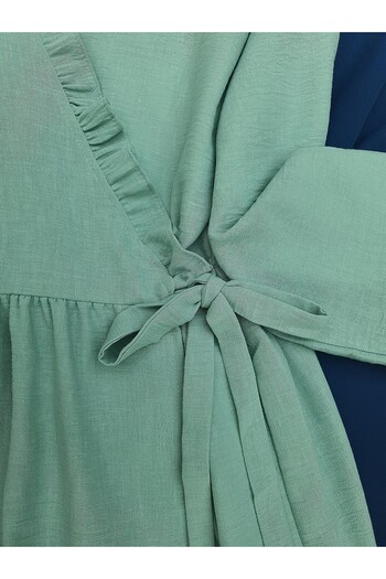 Modamorfo Linen Kimono with Side Double Laces and Ruffled Collar -Mint
