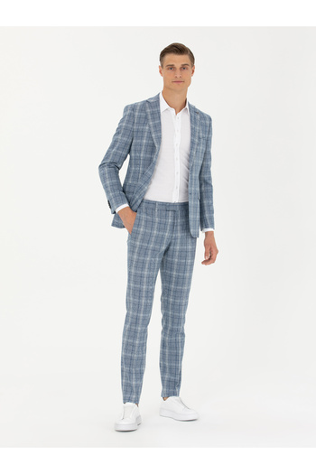 Cacharel Mavi Slim Fit Yün Karışımlı Ekose Takım Elbise 50276627-VR036