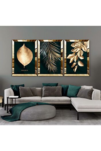 Harikabirev Harikabi̇rev - Gold-Emerald Leaves Combination |   Plexi Framed Mdf Table |   Krfz