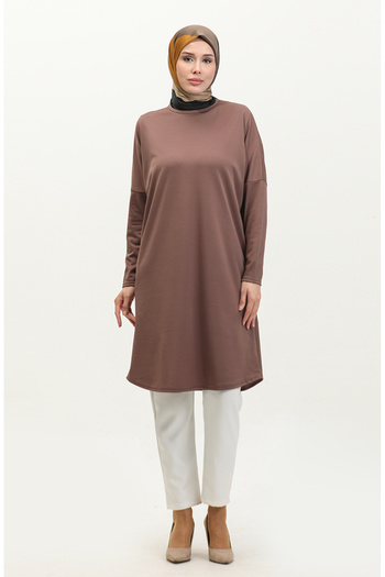 sefamerve Brown Bat Sleeve Plain Tunic - 8682-01
