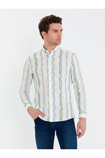 Cacharel Yeşil Slim Fit %100 Pamuklu Çizgili Gömlek 50265585-VR054