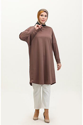 sefamerve Brown Bat Sleeve Plain Tunic - 8682-01