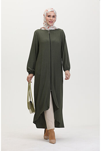 sefamerve Khaki Asymmetric Cut Zippered Tunic - 1047-02