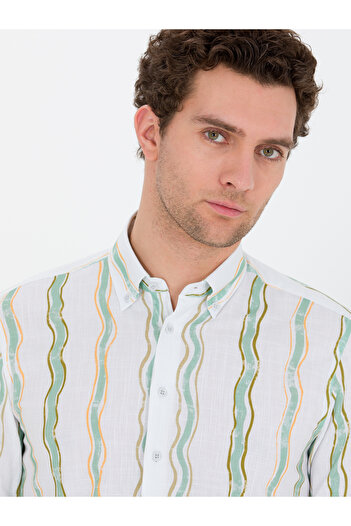 Cacharel Yeşil Slim Fit %100 Pamuklu Çizgili Gömlek 50265585-VR054