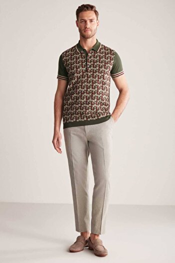 Hemington Silk Cotton Blend Pattern Khaki Knitwear Polo