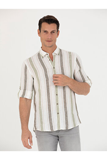 Cacharel Haki Slim Fit %100 Keten Gömlek 50265480-VR027