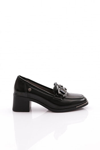 DGN Women's Buckle Heeled Shoes Genuine Leather Black Metallic 51621097