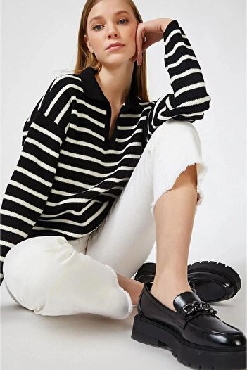 Modark Women's Polo Neck Striped Knitwear Sweater