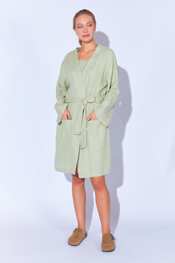 Manche %100 Organik Pamuk Müslin Yıkamalı Sabahlık Kimono Çağla | MKW359976-01
