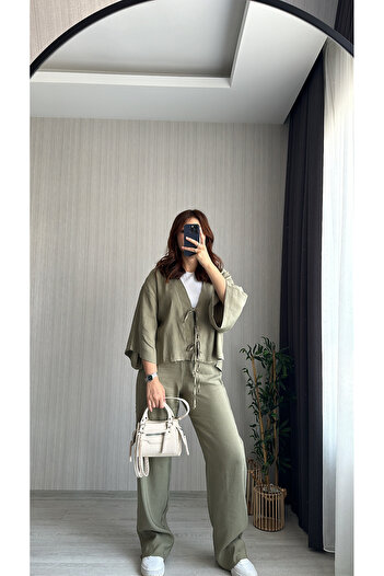 FASİON Khaki Lace-Up Cardigan Set