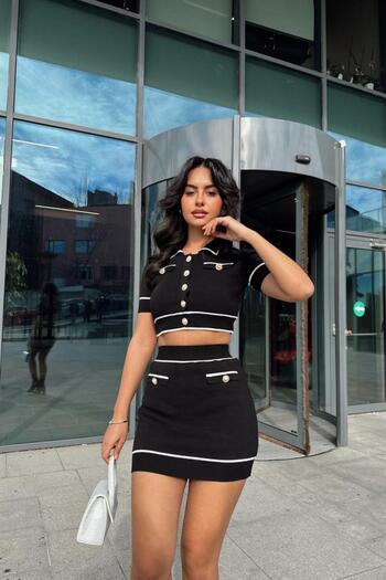 mylove Pearl Buttoned Knitwear Skirt Suit Black