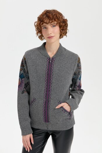 Desen Triko Smoke Colored Flower Patterned Women's Wool Jacket - Prevailing Collar