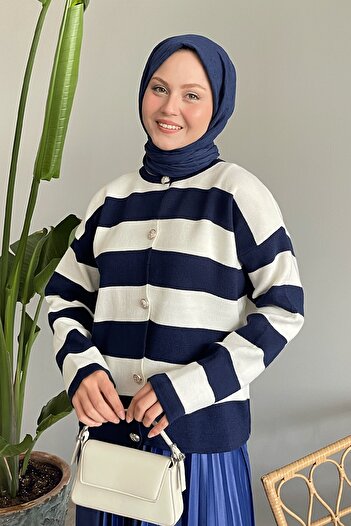 InStyle Navy Blue Knitwear Cardigan - Gold Buttoned and Striped