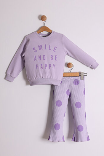 Pollito Smile and Be Happy Printed Sweat Polka Dot Ribbed Leggings for Girl - Set of 2