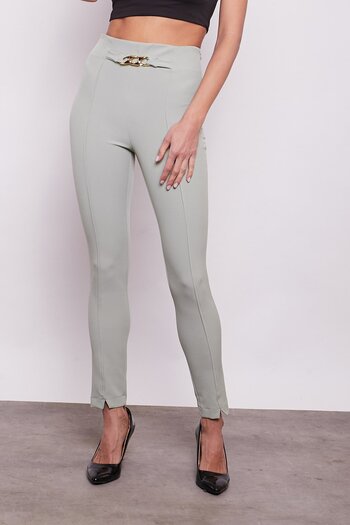 Jument High Waist Accessory Buckle Detailed Lycra Cotton Stylish Fabric Trousers-teal green