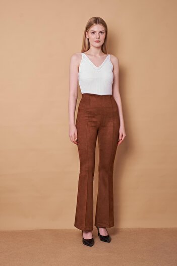 Jument High Waist and Front-Back Stitching Suede Lycra Leggings Pants - Brown (JACKET 30071)