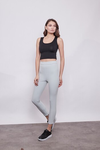 Jument High Waist Lycra Flexible Fabric Leg Zipper Detailed Stylish Fabric Trousers-mint
