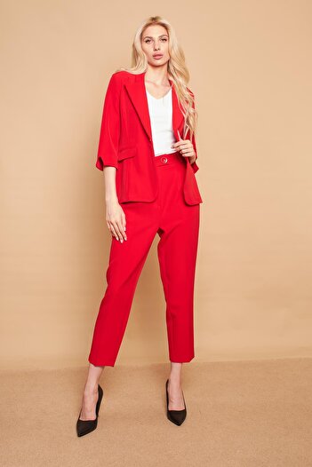 Jument High Waist Pleated Pocket Boyfriend Light Lycra Fabric Trousers-Red