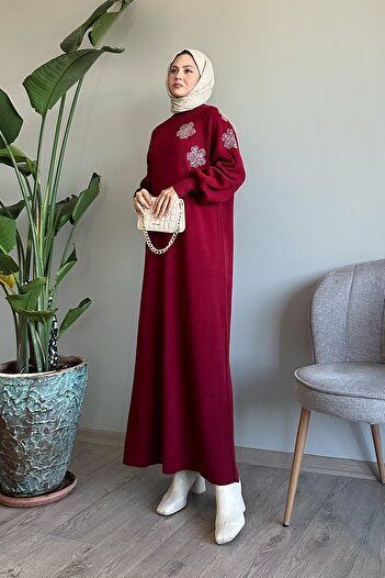 InStyle Φόρεμα με λουλούδια με μπαλόνι μανίκι μπορντό πλεκτό