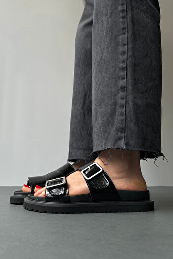 Mupa Shoes Black Patent Leather Women's Slippers